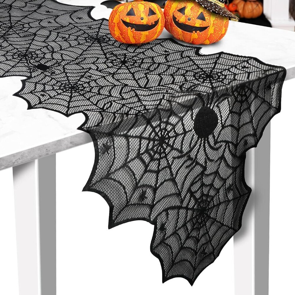 Halloween Table Runner, Black Lace Spider Web Table Runners for Halloween Decor/